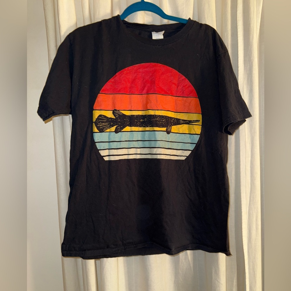 Black Graphic Tee with Retro Fish Design